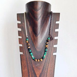 New men's tiger's eye with malachite stone and 925 sterling silver wrap necklace